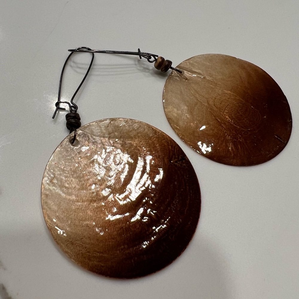 Brown Graduated Shimmer Seashell Antique Gold Hook Wood Bead Drop Disc Earrings